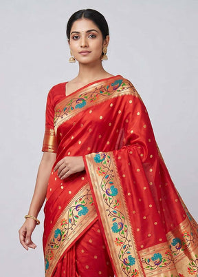 Red Dupion Silk Saree With Blouse Piece