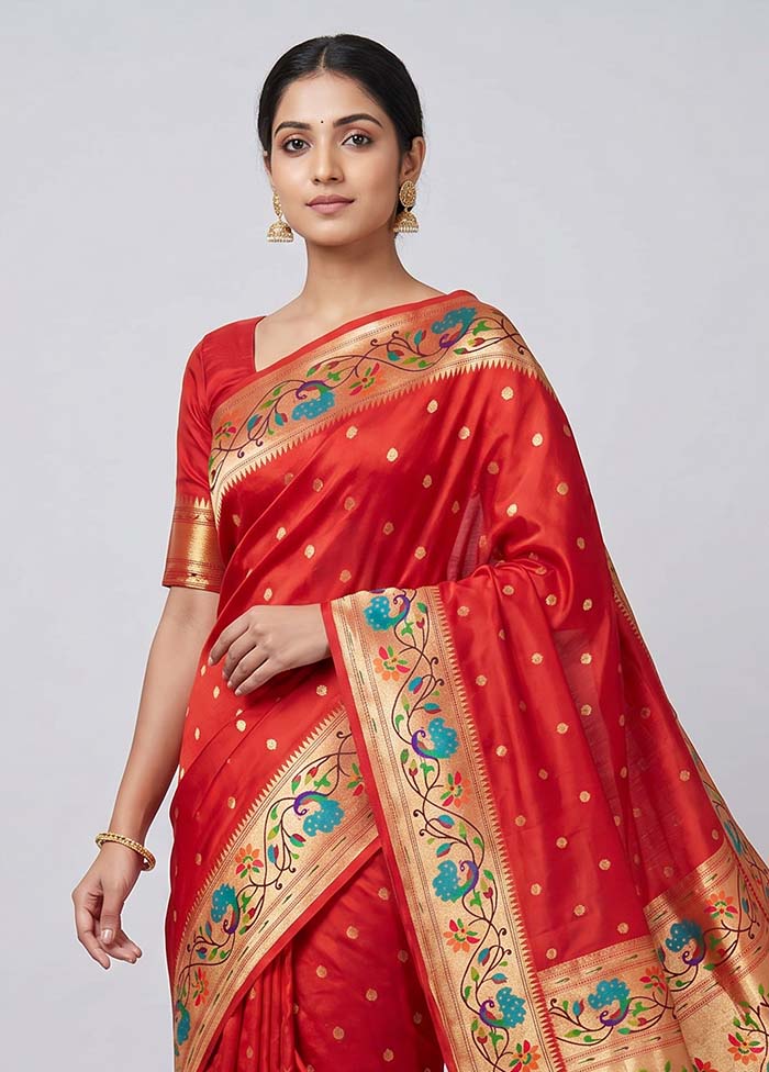 Red Dupion Silk Saree With Blouse Piece