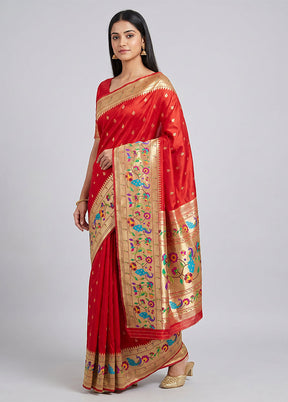 Red Dupion Silk Saree With Blouse Piece