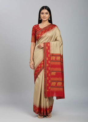 Cream Kanjivaram Silk Saree With Blouse Piece