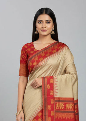 Cream Kanjivaram Silk Saree With Blouse Piece
