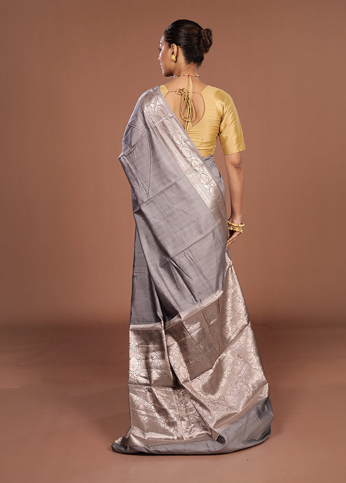 Grey Handloom Dupion Pure Silk Saree With Blouse Piece