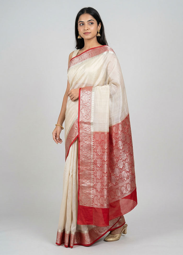 White Handloom Dupion Pure Silk Saree With Blouse Piece