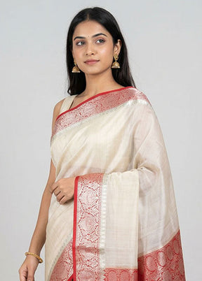 White Handloom Dupion Pure Silk Saree With Blouse Piece