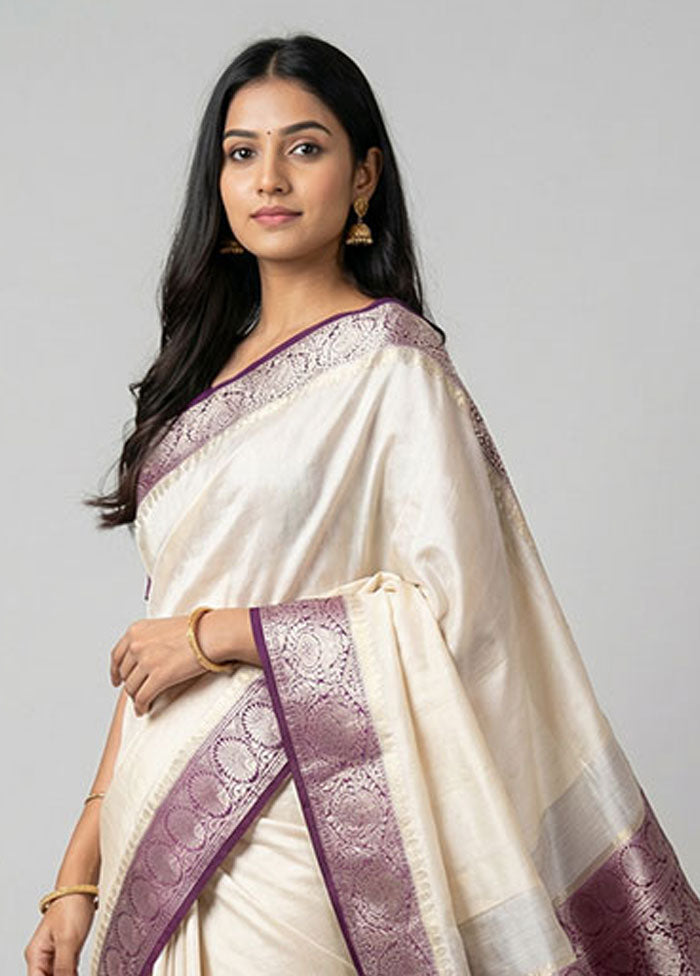 White Handloom Dupion Pure Silk Saree With Blouse Piece