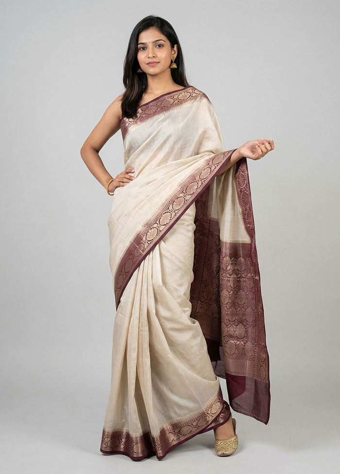 White Handloom Dupion Pure Silk Saree With Blouse Piece