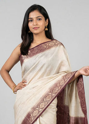 White Handloom Dupion Pure Silk Saree With Blouse Piece