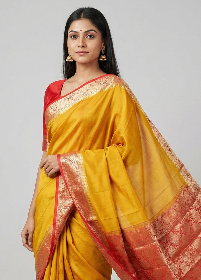 Yellow Handloom Dupion Pure Silk Saree With Blouse Piece