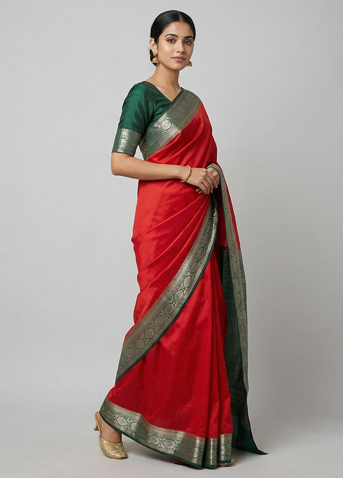 Red Handloom Dupion Pure Silk Saree With Blouse Piece