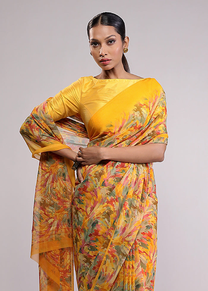Yellow Chiffon Silk Saree With Blouse Piece