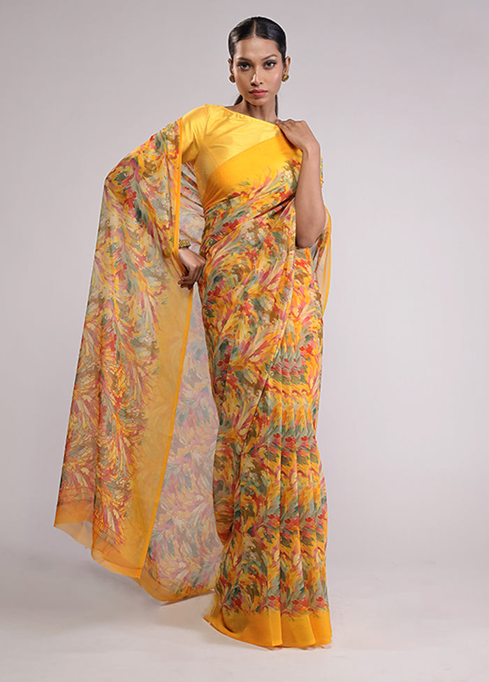 Yellow Chiffon Silk Saree With Blouse Piece