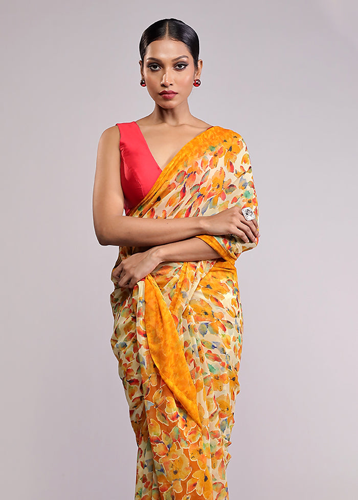 Yellow Chiffon Silk Saree With Blouse Piece