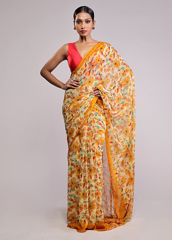 Yellow Chiffon Silk Saree With Blouse Piece