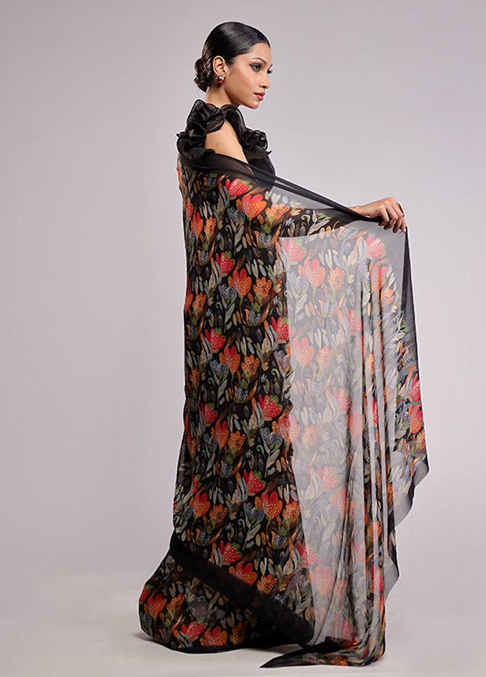 Black Chiffon Silk Saree With Blouse Piece