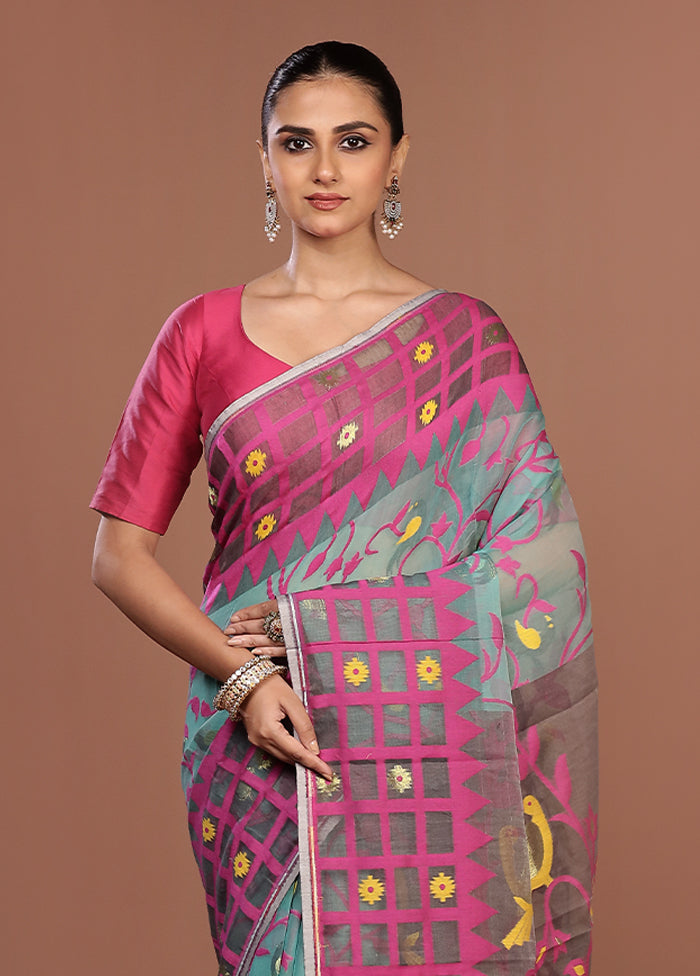 Blue Jamdani Cotton Saree Without Blouse Piece