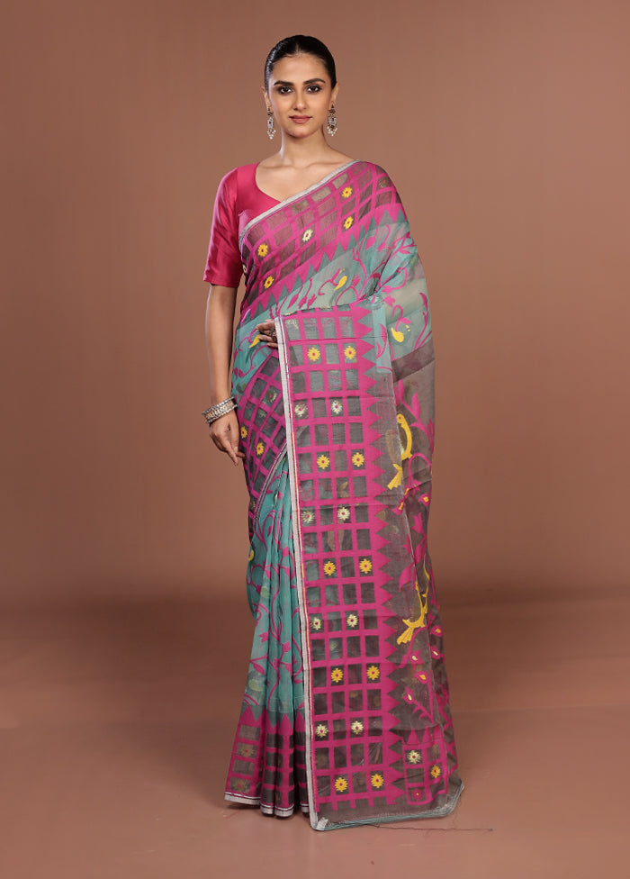Blue Jamdani Cotton Saree Without Blouse Piece