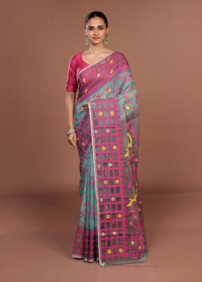 Blue Jamdani Cotton Saree Without Blouse Piece
