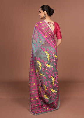 Blue Jamdani Cotton Saree Without Blouse Piece