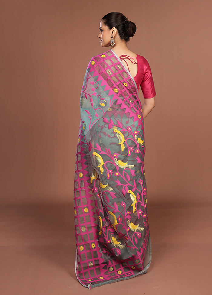 Blue Jamdani Cotton Saree Without Blouse Piece
