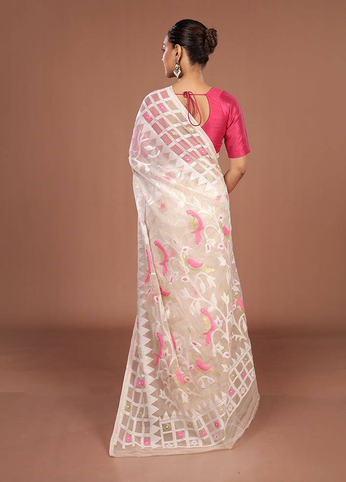 White Jamdani Cotton Saree Without Blouse Piece