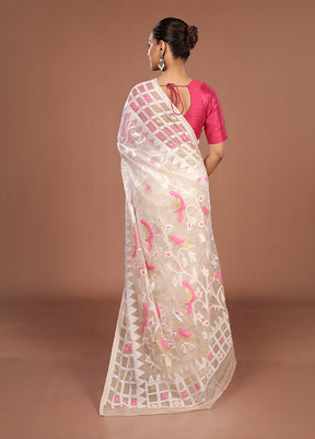 White Jamdani Cotton Saree Without Blouse Piece