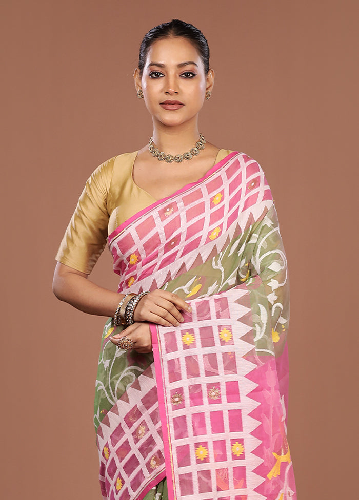 Pink Jamdani Cotton Saree Without Blouse Piece