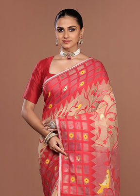 Red Jamdani Cotton Saree Without Blouse Piece
