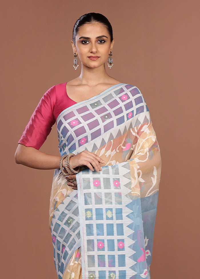 Blue Jamdani Cotton Saree Without Blouse Piece