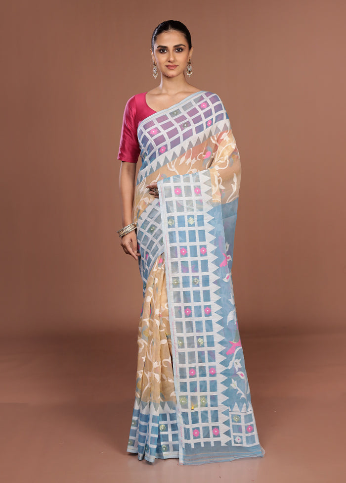 Blue Jamdani Cotton Saree Without Blouse Piece