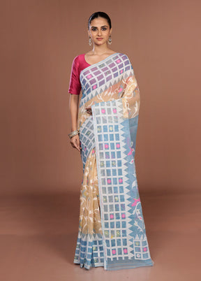 Blue Jamdani Cotton Saree Without Blouse Piece