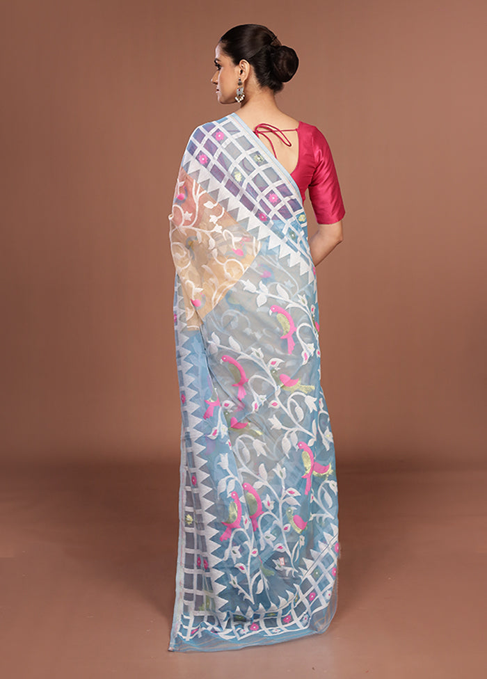 Blue Jamdani Cotton Saree Without Blouse Piece