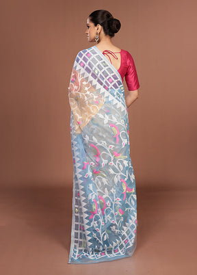 Blue Jamdani Cotton Saree Without Blouse Piece