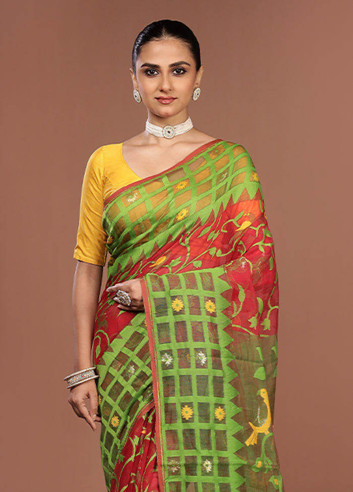 Green Jamdani Cotton Saree Without Blouse Piece