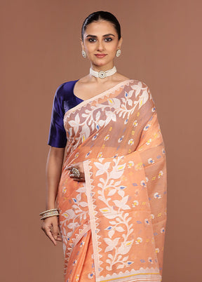 Peach Jamdani Cotton Saree Without Blouse Piece