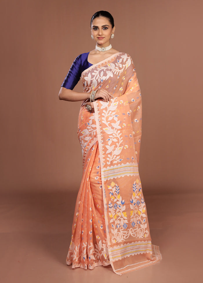 Peach Jamdani Cotton Saree Without Blouse Piece