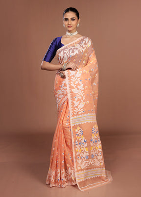 Peach Jamdani Cotton Saree Without Blouse Piece