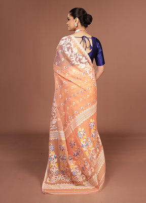 Peach Jamdani Cotton Saree Without Blouse Piece
