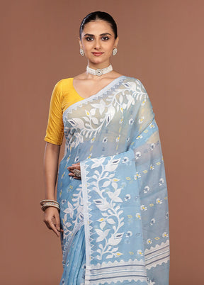 Blue Jamdani Cotton Saree Without Blouse Piece