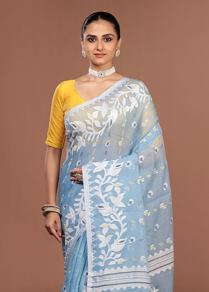 Blue Jamdani Cotton Saree Without Blouse Piece