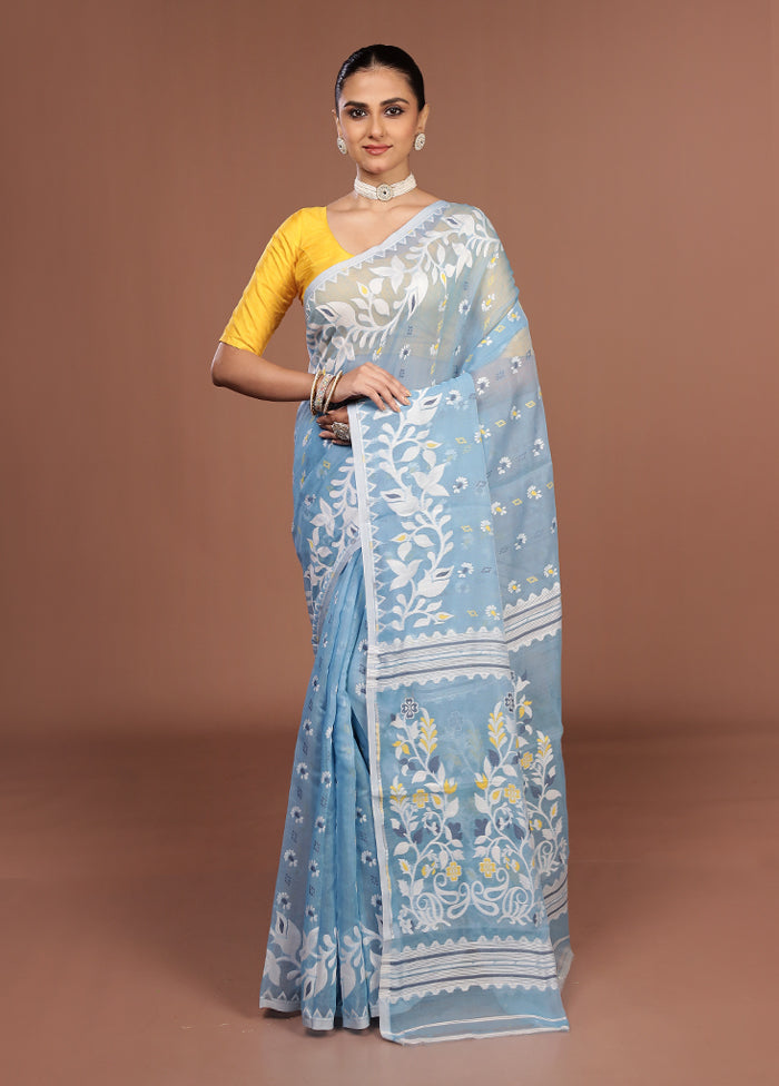 Blue Jamdani Cotton Saree Without Blouse Piece