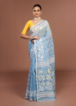 Blue Jamdani Cotton Saree Without Blouse Piece