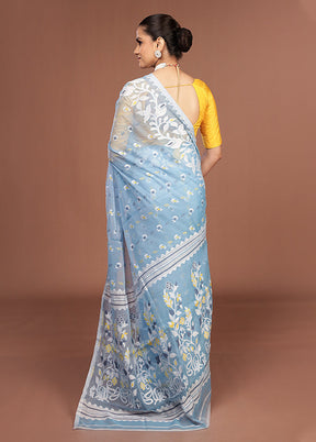 Blue Jamdani Cotton Saree Without Blouse Piece