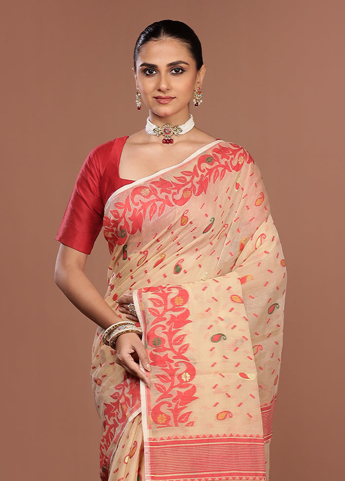 Cream Jamdani Cotton Saree Without Blouse Piece