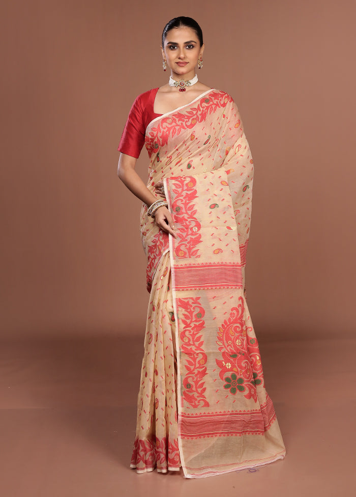 Cream Jamdani Cotton Saree Without Blouse Piece