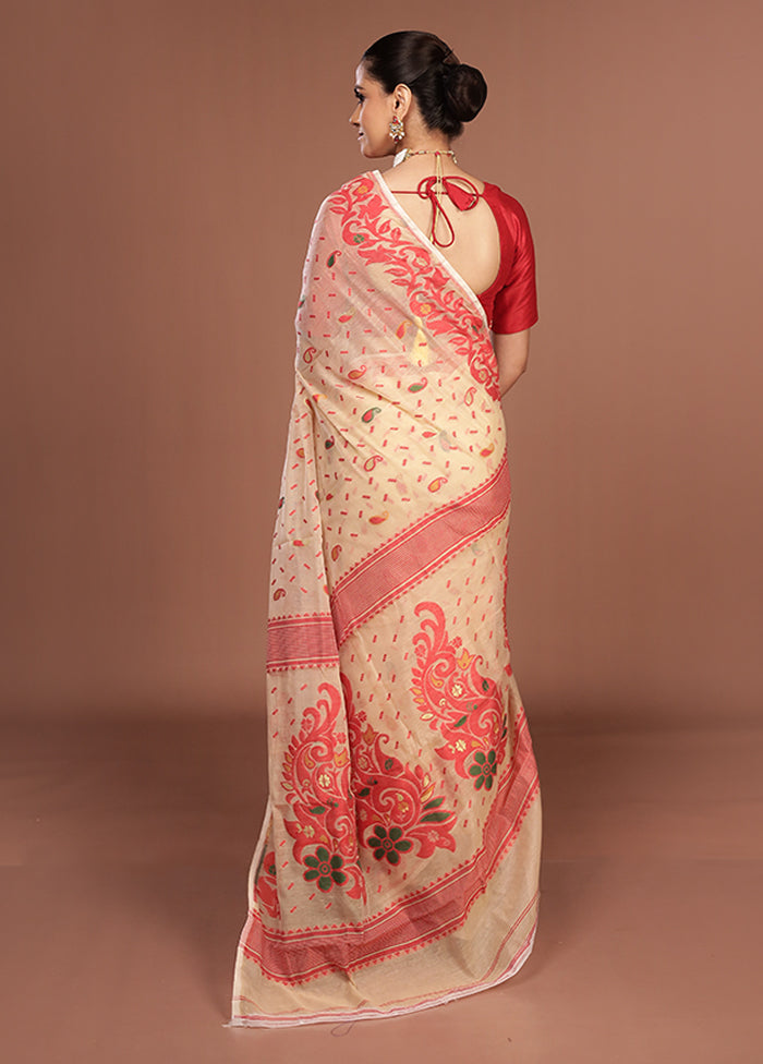 Cream Jamdani Cotton Saree Without Blouse Piece