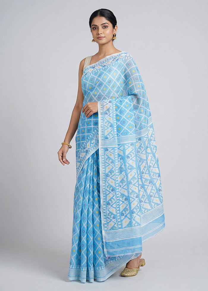 Blue Jamdani Cotton Saree Without Blouse Piece