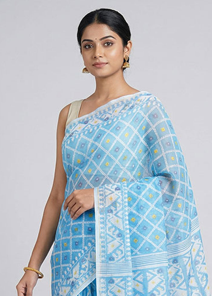 Blue Jamdani Cotton Saree Without Blouse Piece
