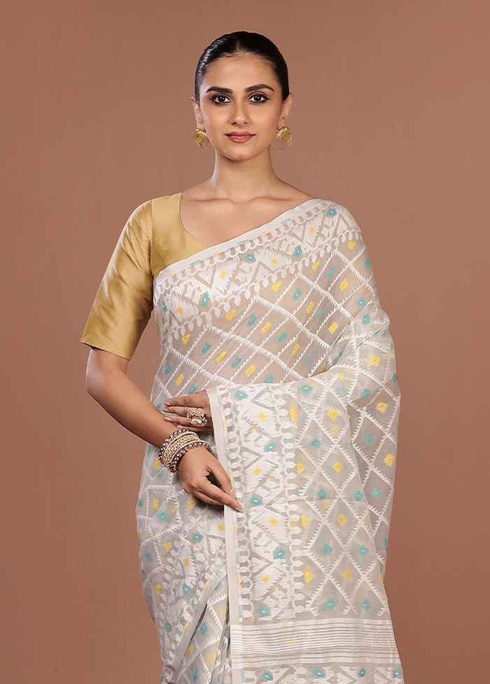 Cream Jamdani Cotton Saree Without Blouse Piece