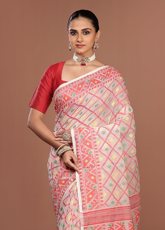 White Jamdani Cotton Saree Without Blouse Piece