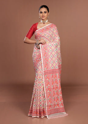 White Jamdani Cotton Saree Without Blouse Piece